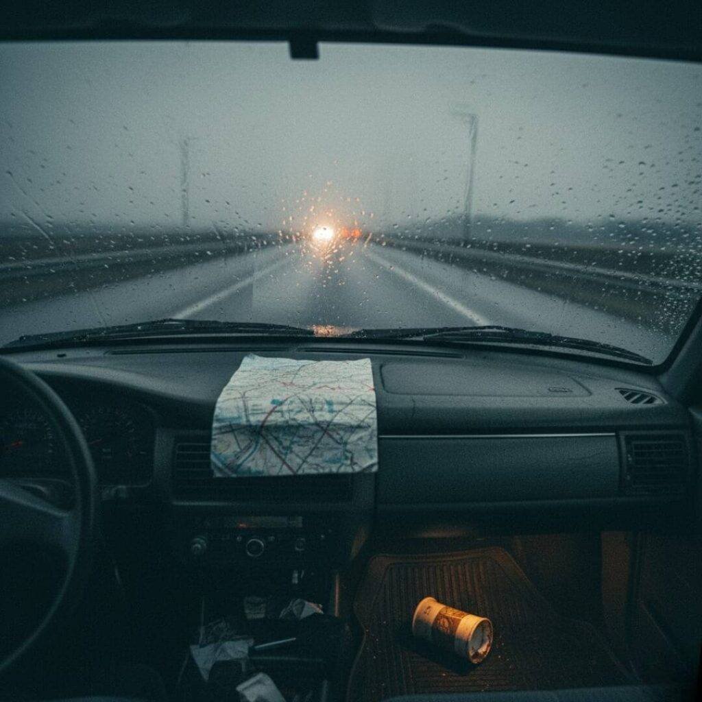 Rainy highway from inside car, crumpled map.