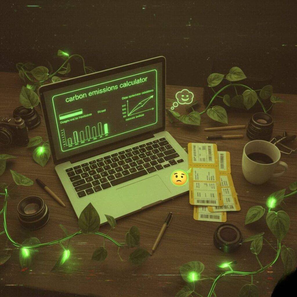 Desk with laptop, carbon calc, and vines.