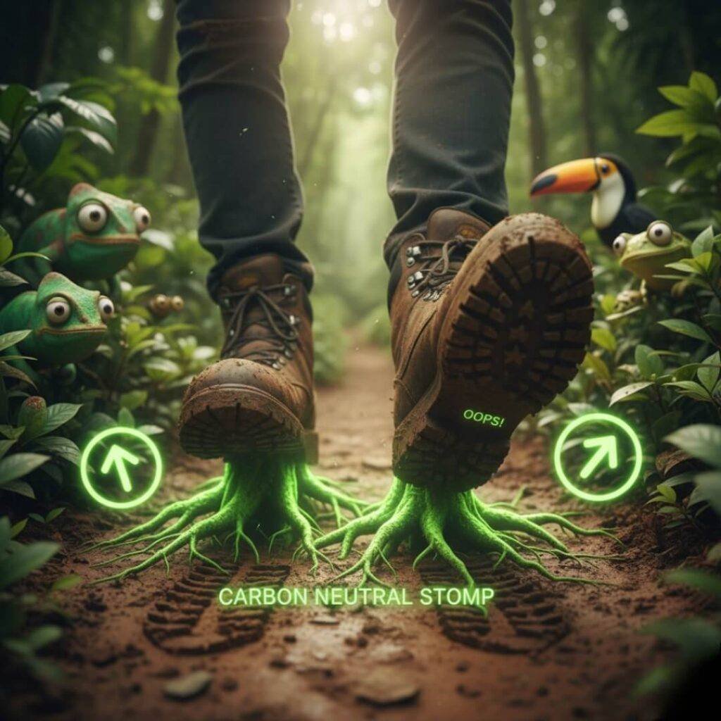 Muddy boots, glowing roots, rainforest trail, quirky wildlife.