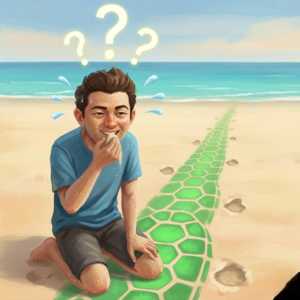 Man eating sand on beach with turtle tracks.