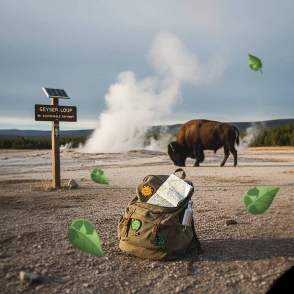 Bison, geysers, and forgotten eco-backpack in Yellowstone.