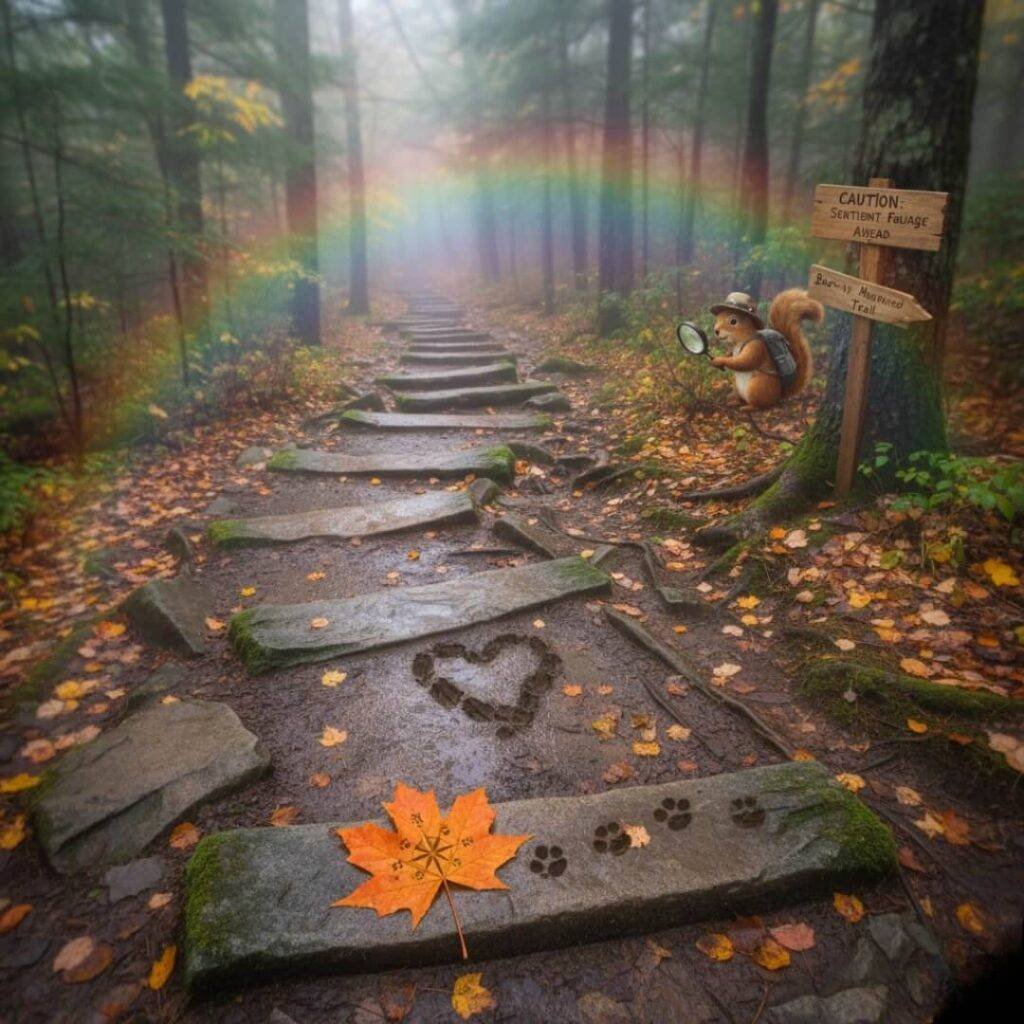 Wry, quirky Adirondacks trail with rainbow and animal tracks.