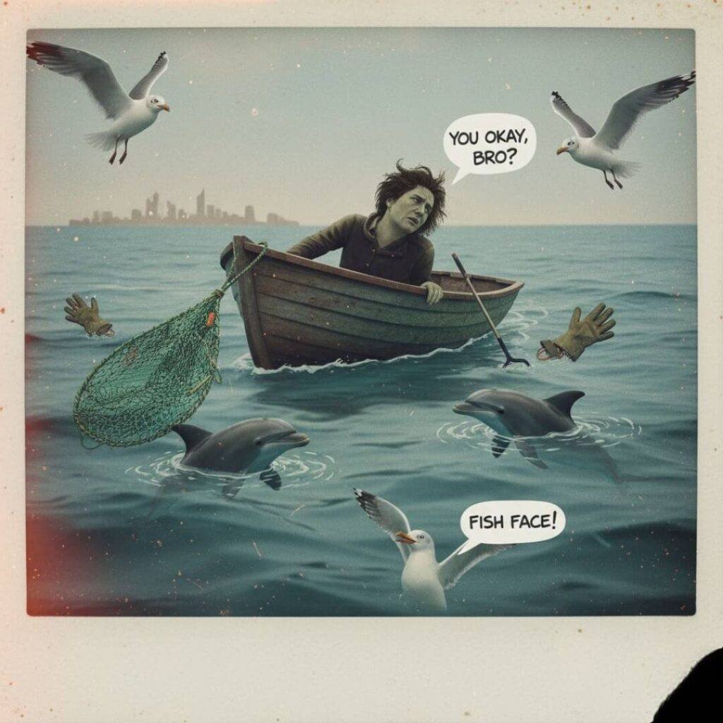 Seasick on boat, dolphins, seagulls.