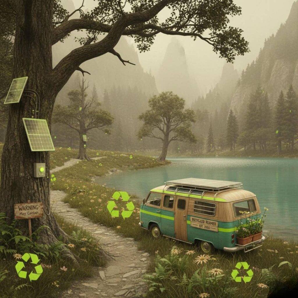 Vintage camper van by lake with solar chargers.