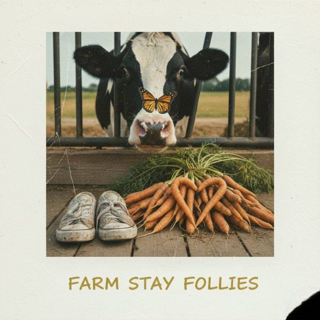 Vintage Polaroid of farm stay with cow, carrots.