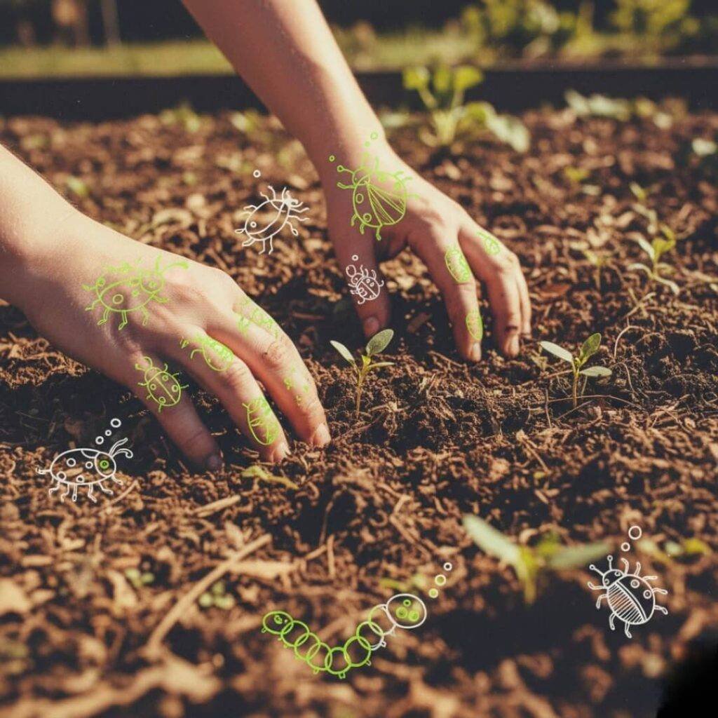 Hands in soil with quirky doodled bug motifs.