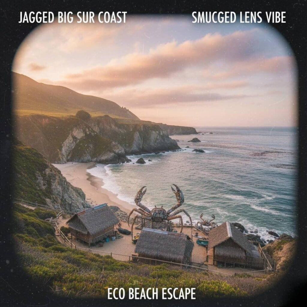 Smudged Big Sur coast, jagged cliffs, eco beach vibe.