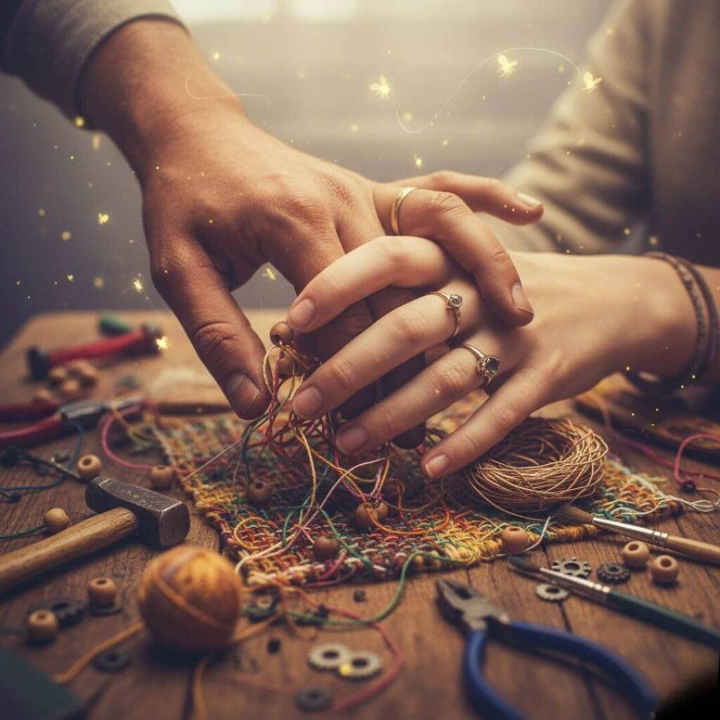 Hands intertwined in a craft project