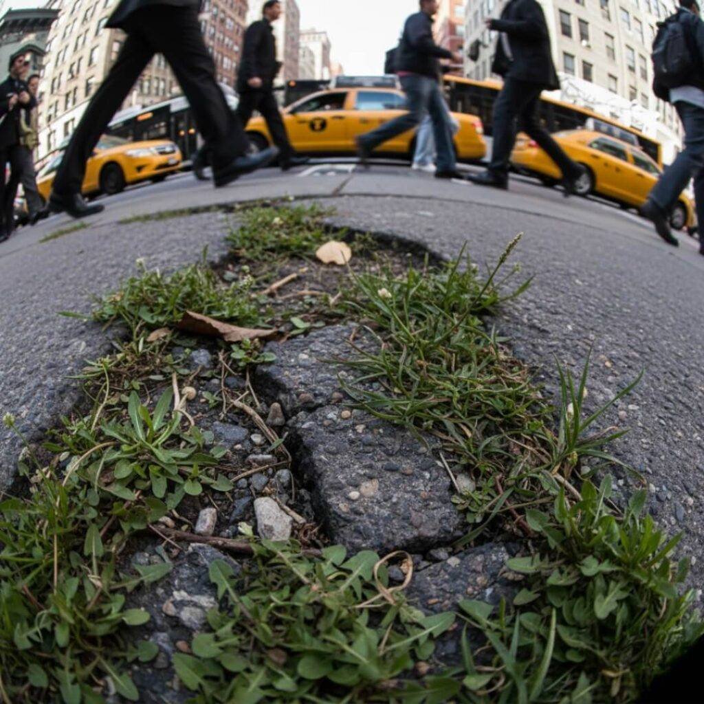 Fisheye view: weeds through cracked pavement.
