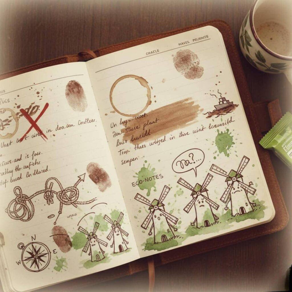 Vintage travel journal with eco-notes and windmill doodles.