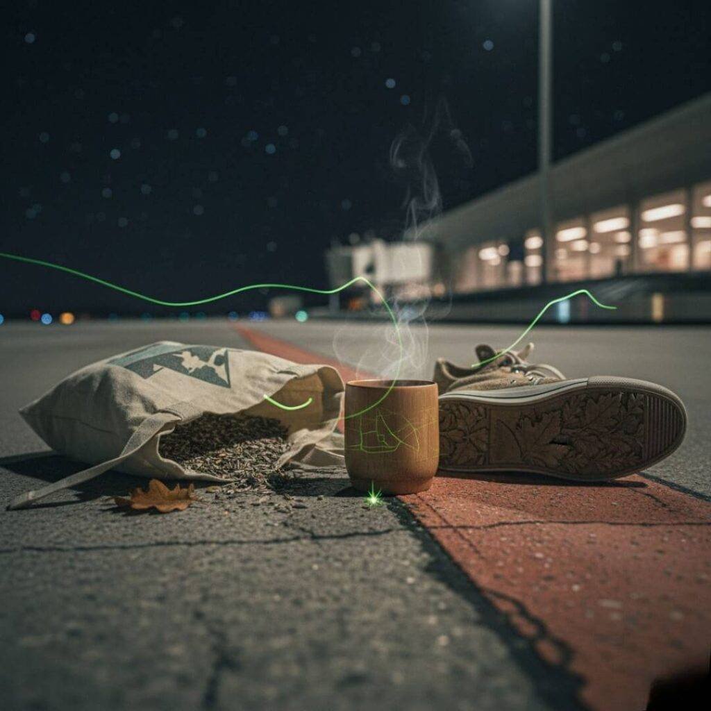 Eco-traveler's essentials at a starry airport.