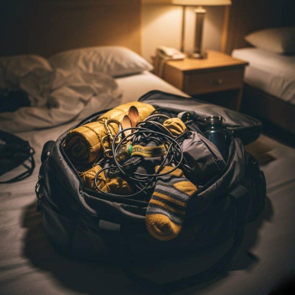 Tangled zero waste gear in a dim motel duffel.