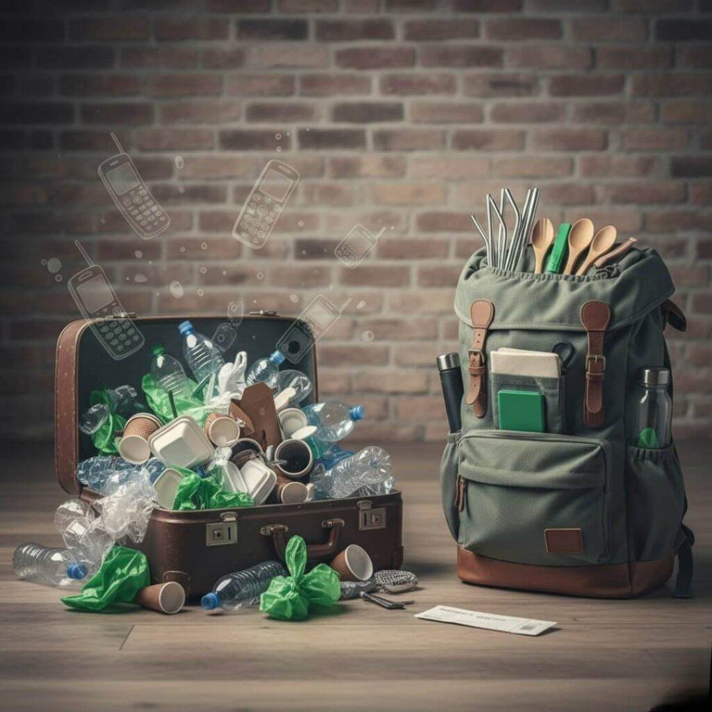 Suitcase of plastic vs. organized eco backpack.