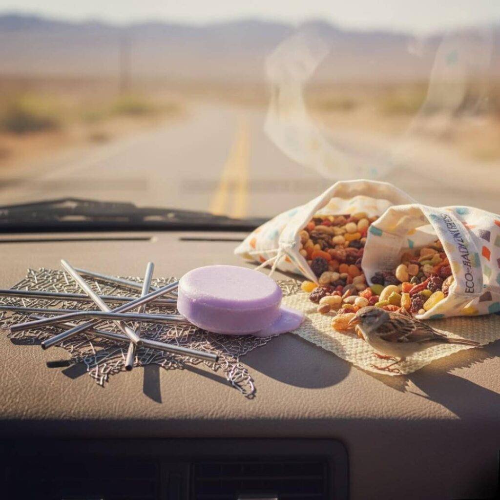 Road trip with eco-friendly products and bird.