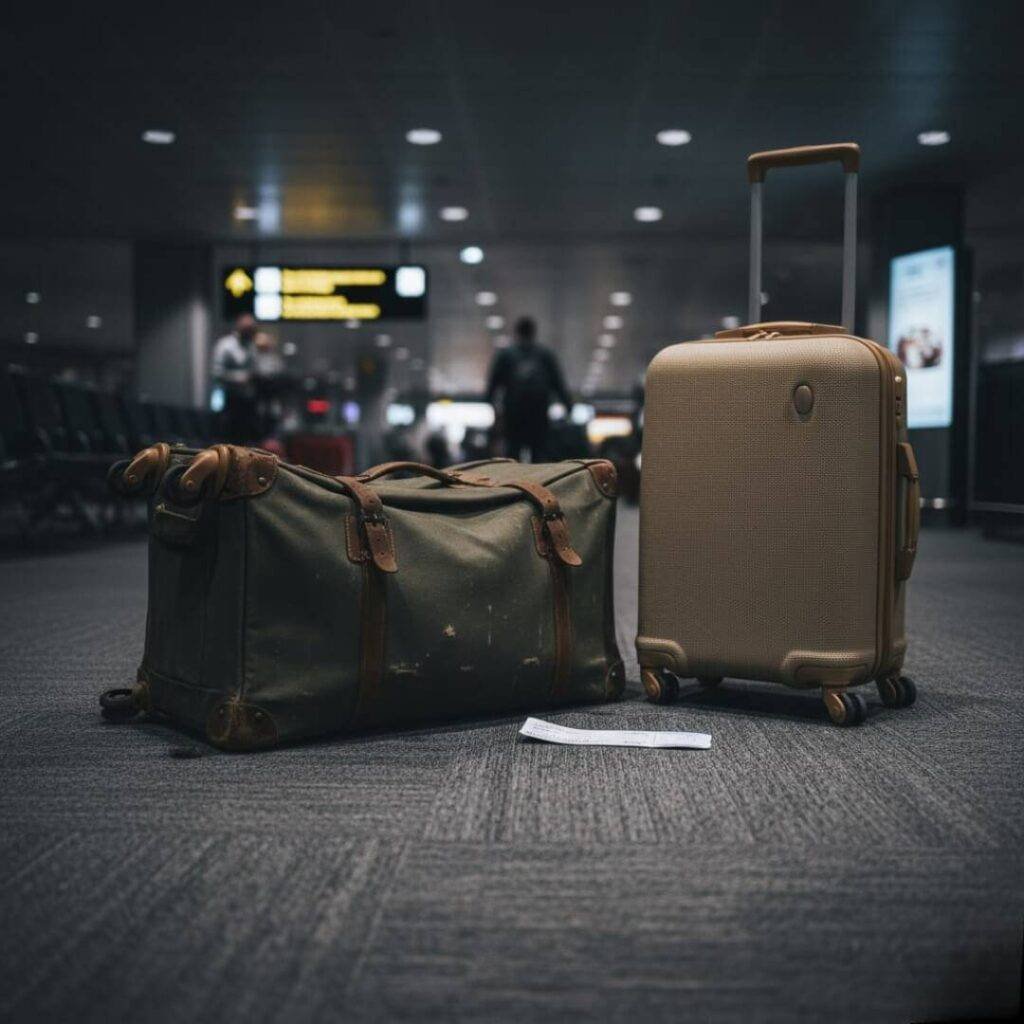 Old vs. new eco-luggage, airport floor perspective.