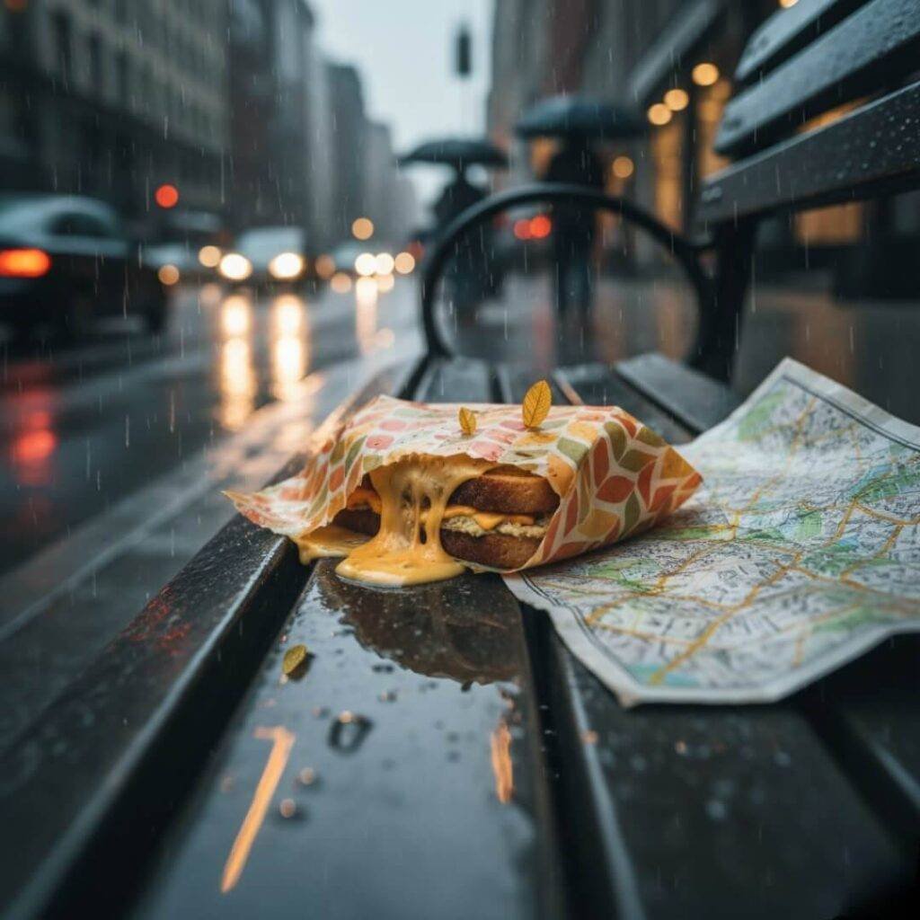 Leaky beeswax wrap in rain, city reflection.