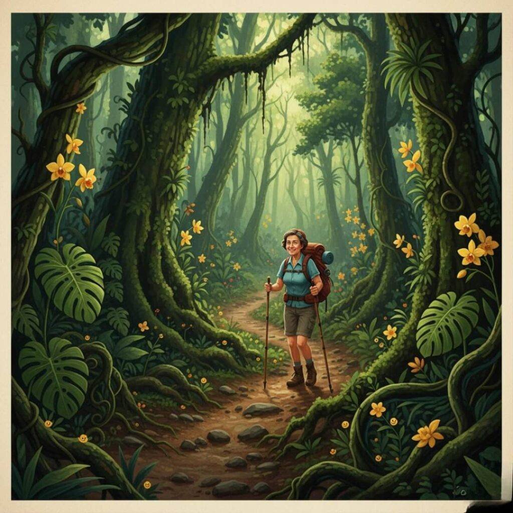 Humorous Costa Rican rainforest hike with smiling vines.