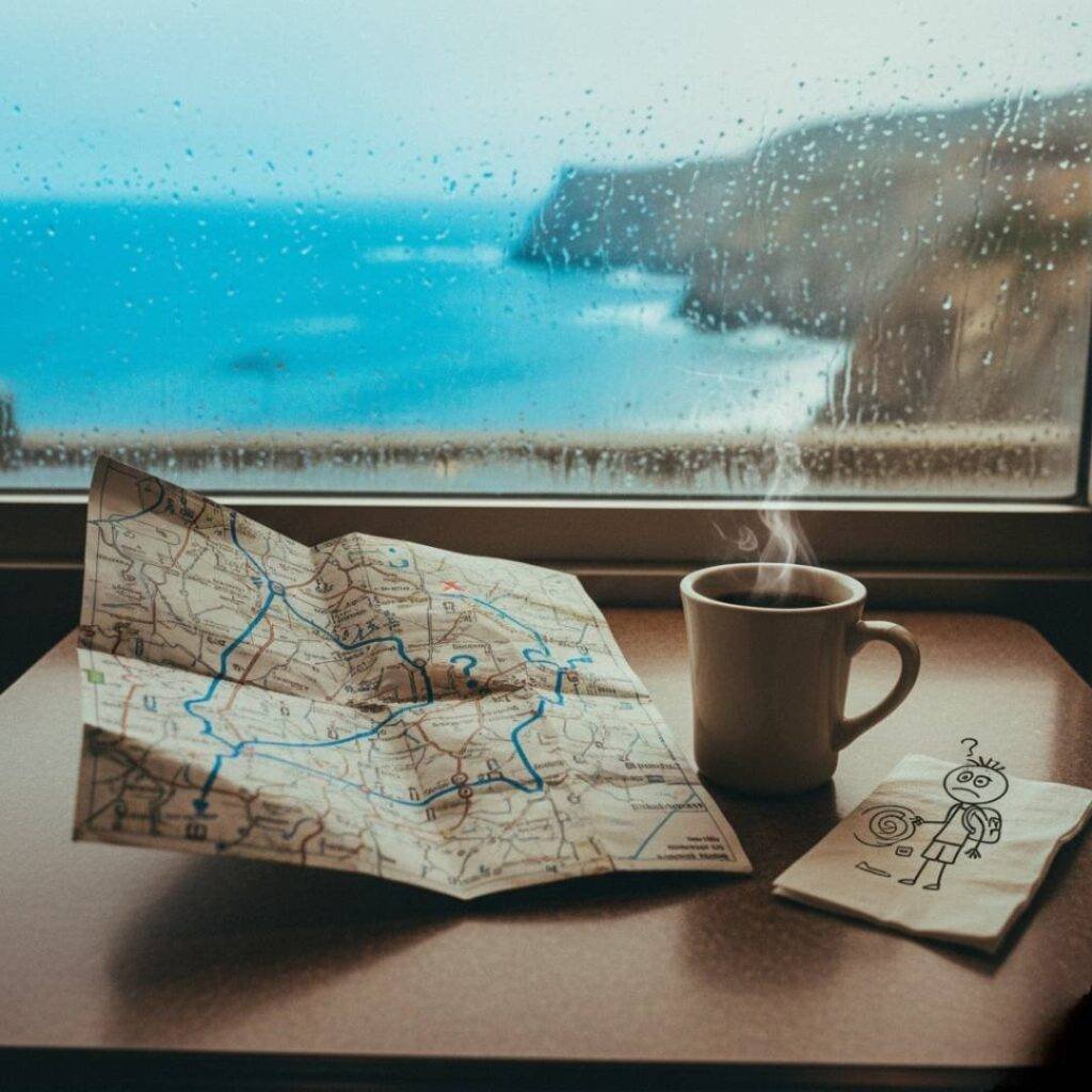 Crumpled map, coffee, rain, and stick-figure doodle.