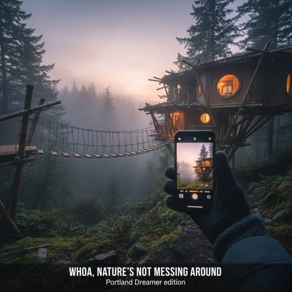 Eco-friendly treehouse in Oregon fog.