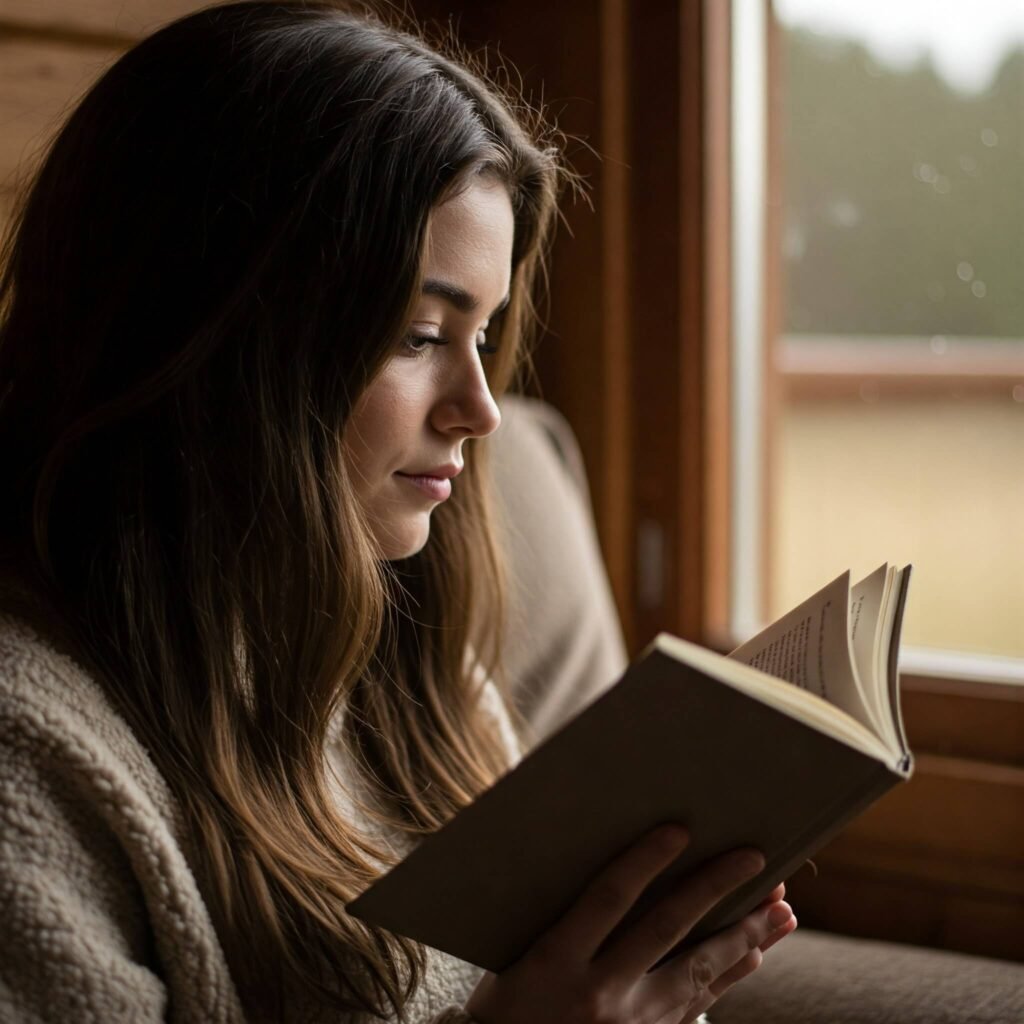Reading in cozy cabin
