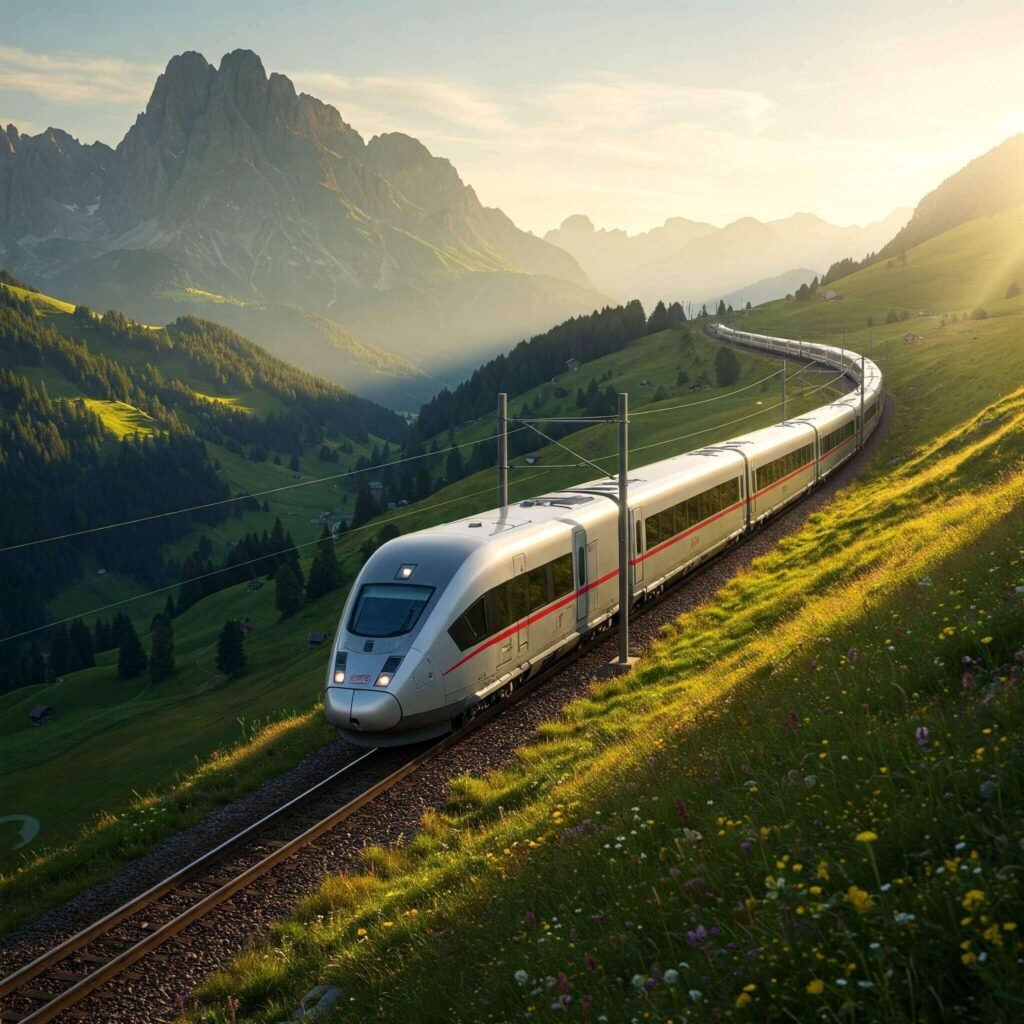 Scenic Train Through Mountains
