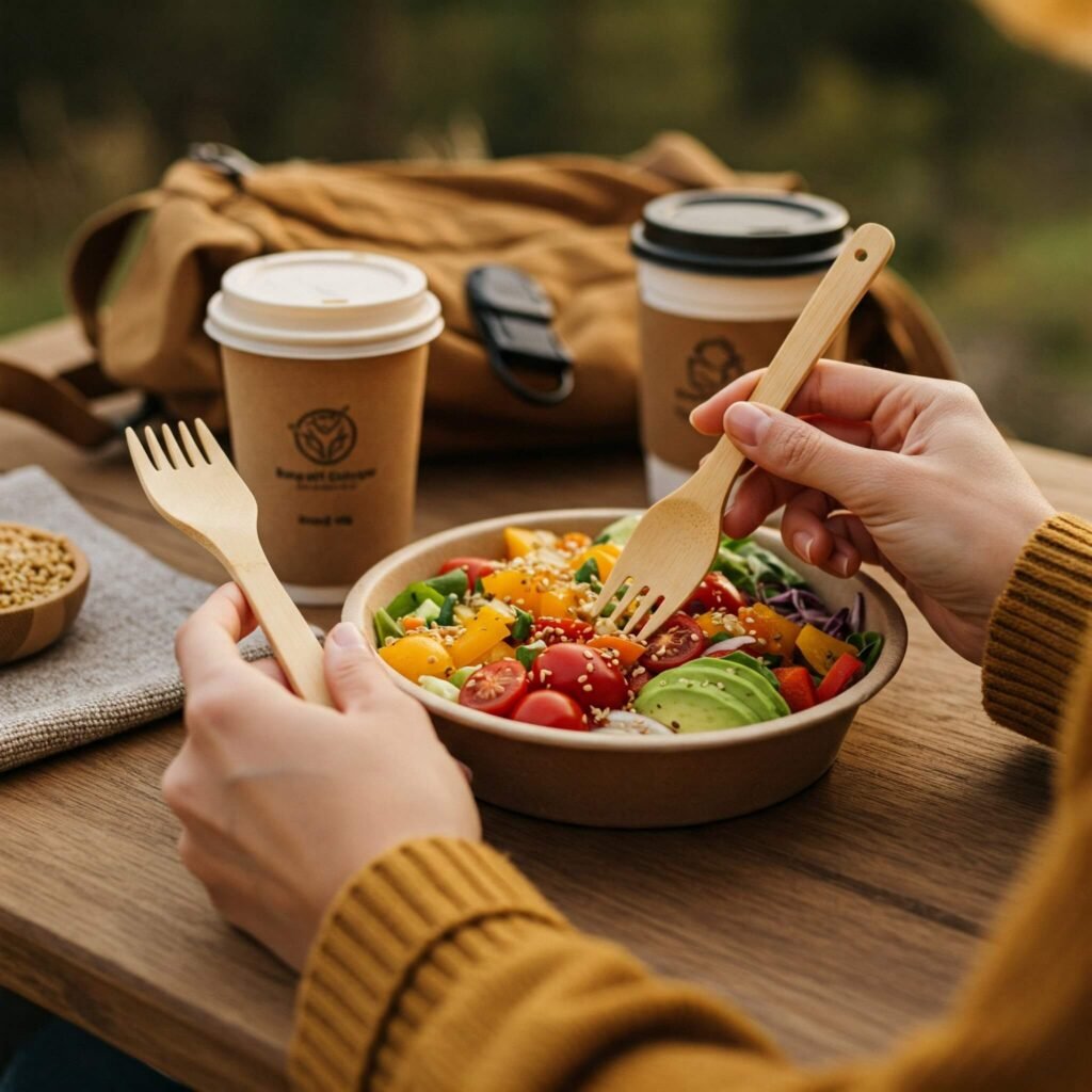 Traveler eating with bamboo cutlery outdoors.