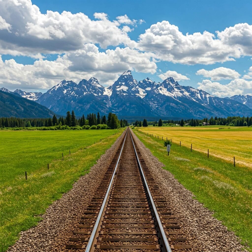 Train tracks through scenic landscape.