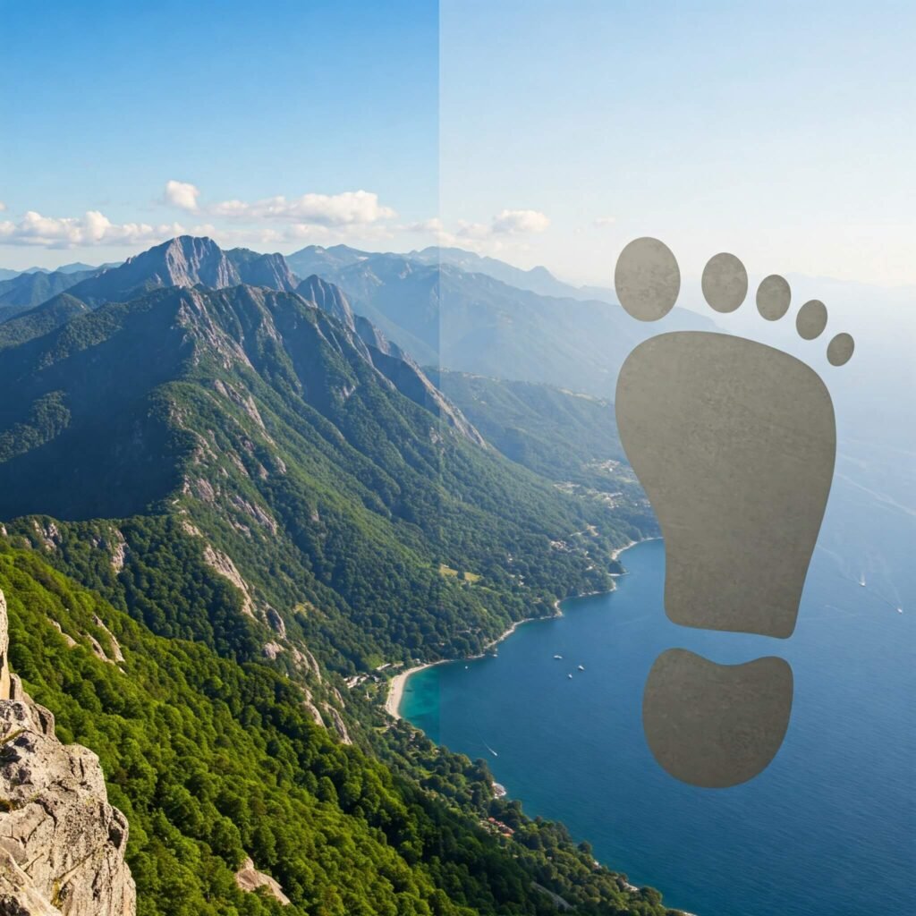 Landscape vs. Carbon Footprint: Directly describes the image content.