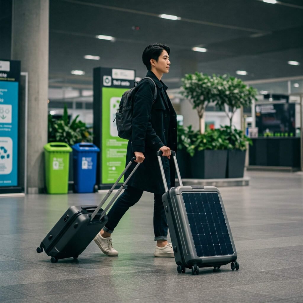 Stylish traveler with eco-friendly suitcase