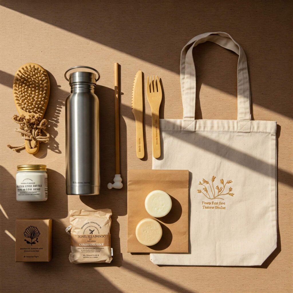 Plastic-free travel kit flat lay: reusable bottle, bamboo cutlery, solid toiletries, tote.