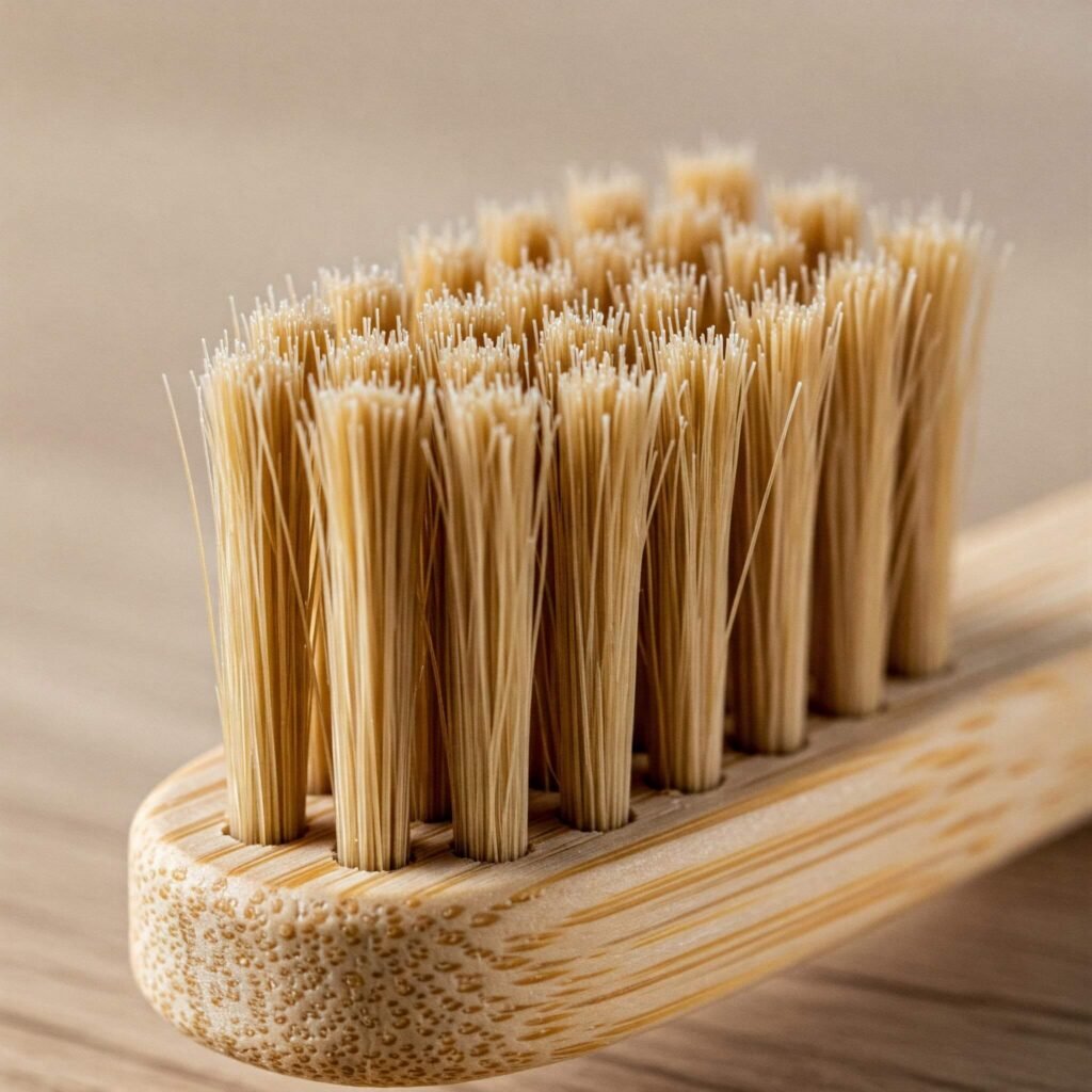 Bamboo toothbrush bristles close-up