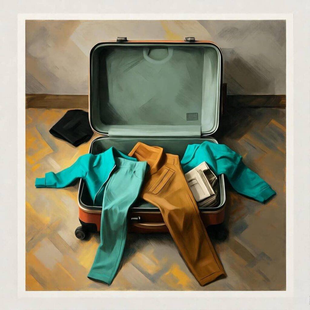 Messy suitcase spill, eco-clothes chaos in bedroom.