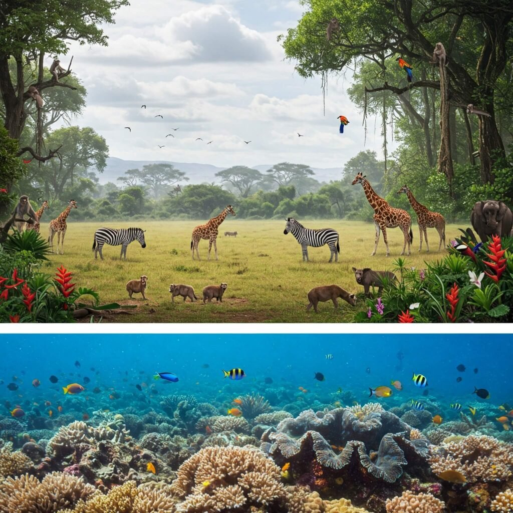 Vast African plains, grazing wildlife.