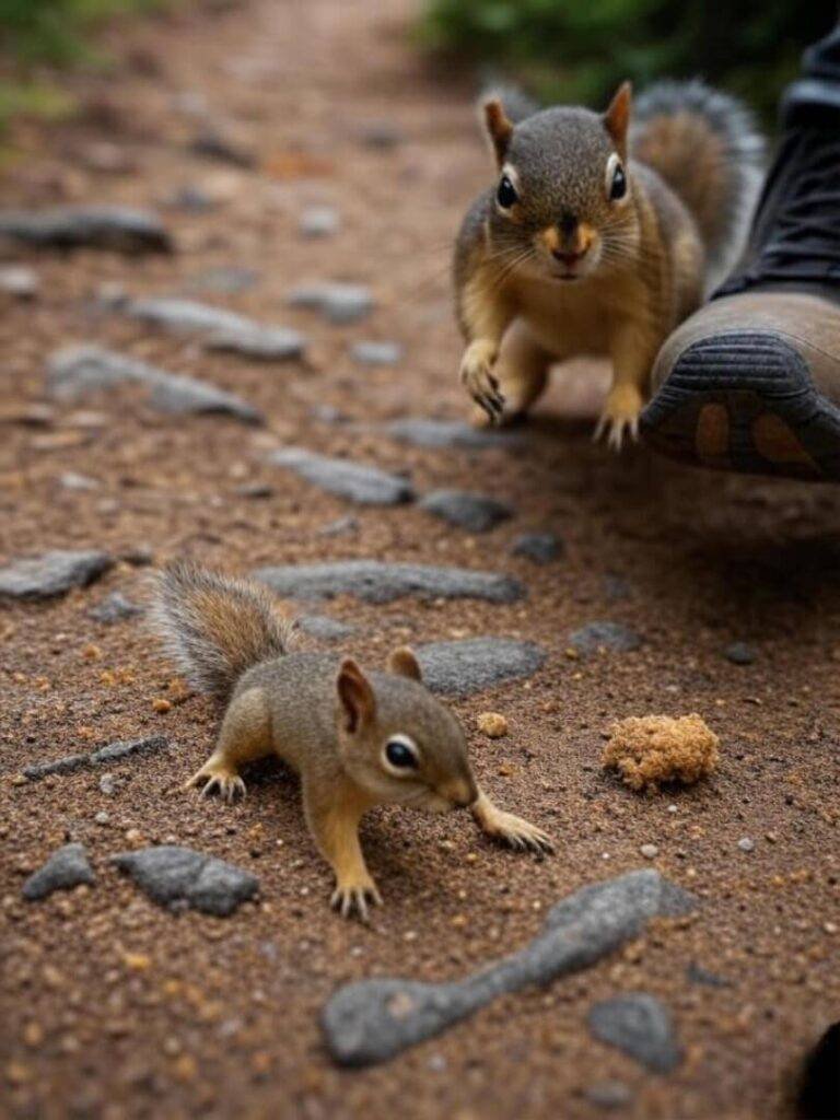 Blurry trail, tripping boots, squirrel with crumb, humor.