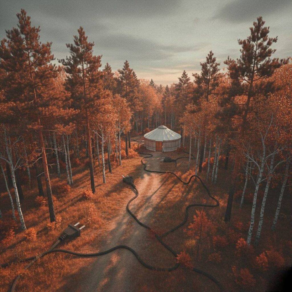 Winding trail to yurt, disconnected plugs, bittersweet, drone fail.