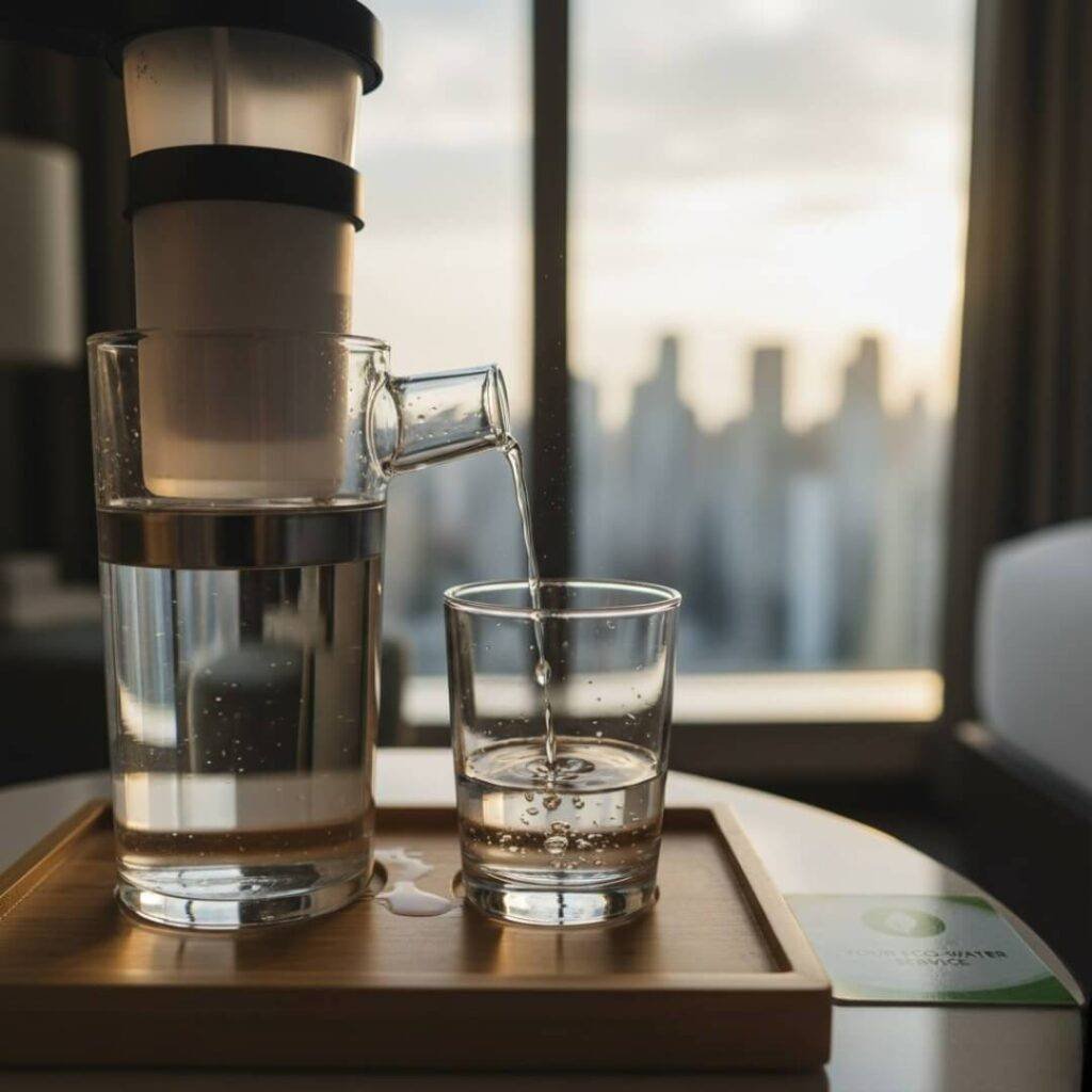Water drips into glass in green hotel room.