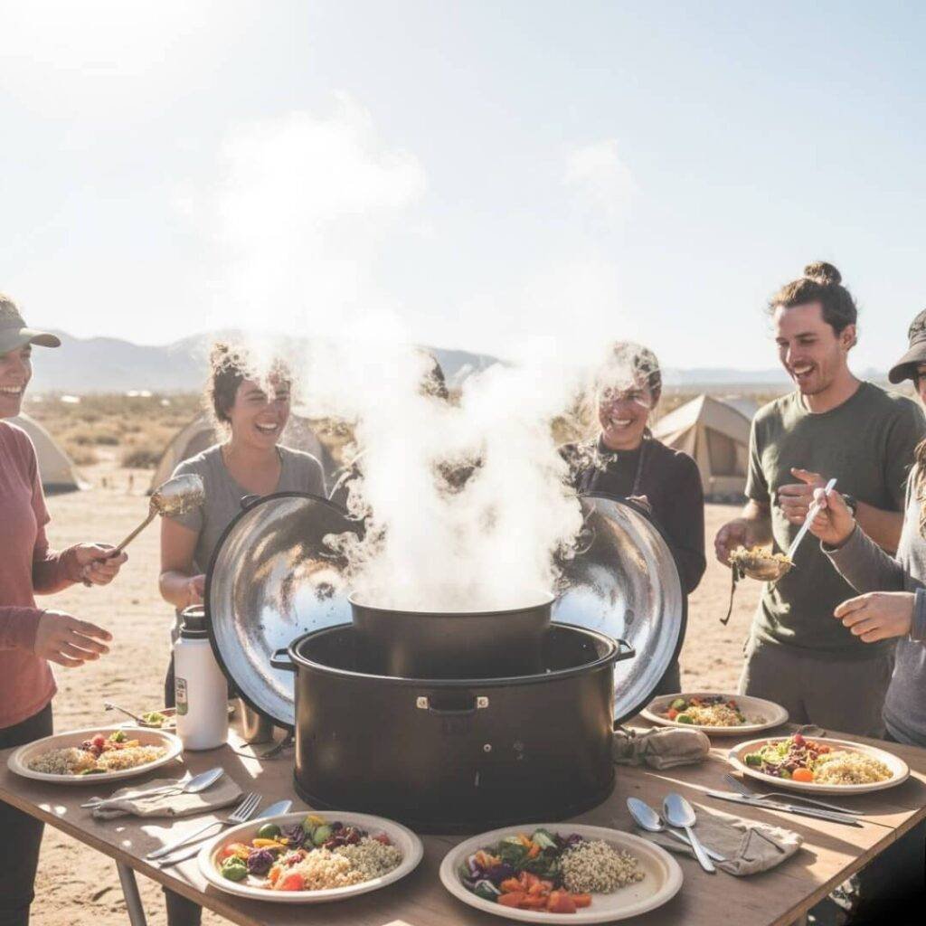 Steamy solar-cooked meal, friends, desert setting.
