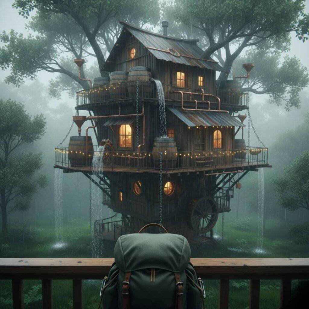 Backpack view of misty treehouse with rainwater motifs.