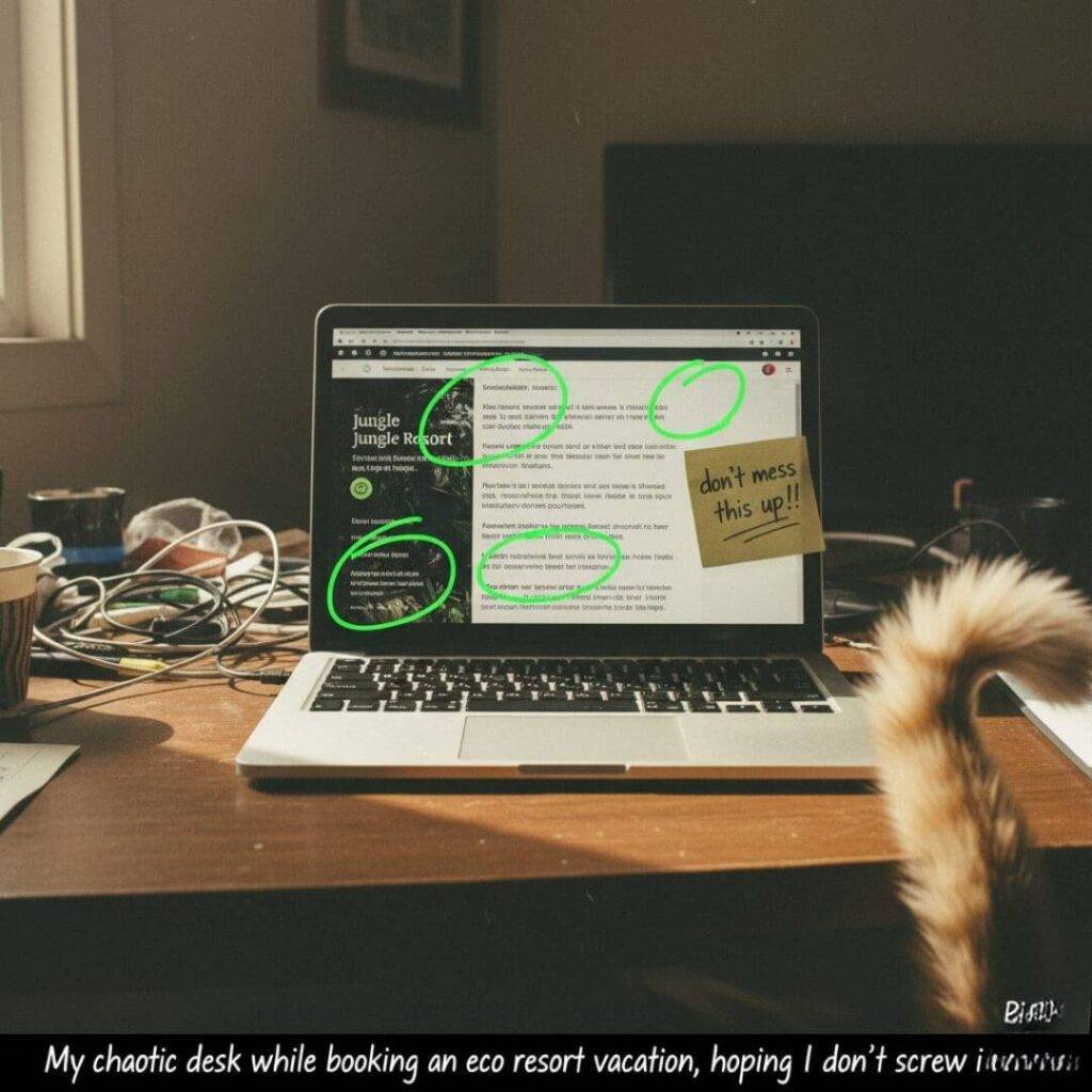 Cluttered desk, laptop, "don't mess this up!!" note.