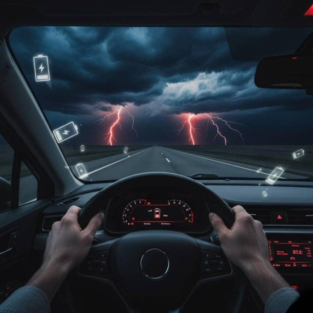 EV dashboard, low battery, hands gripping wheel, stormy road.