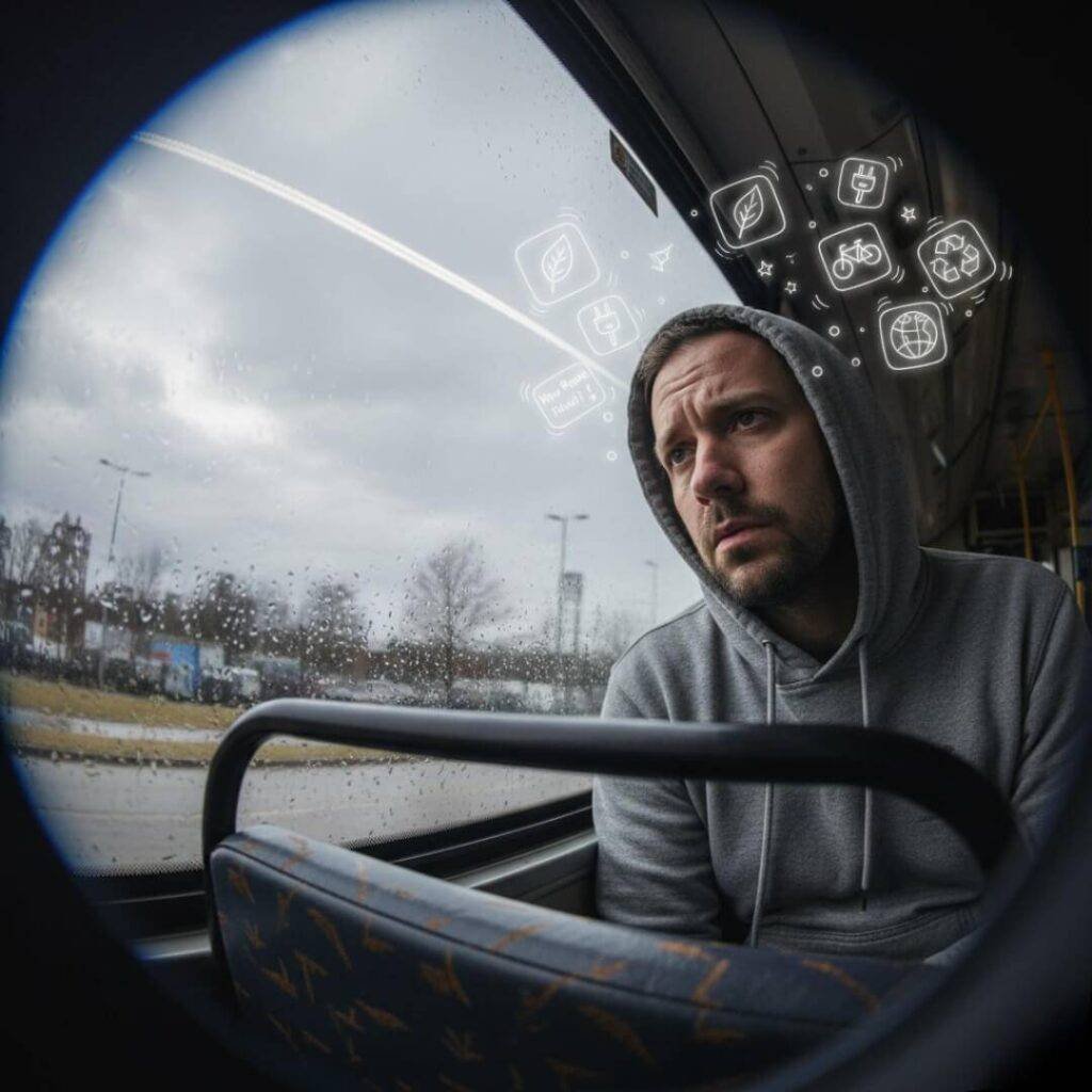 Man watches contrail from bus; apps pop up.