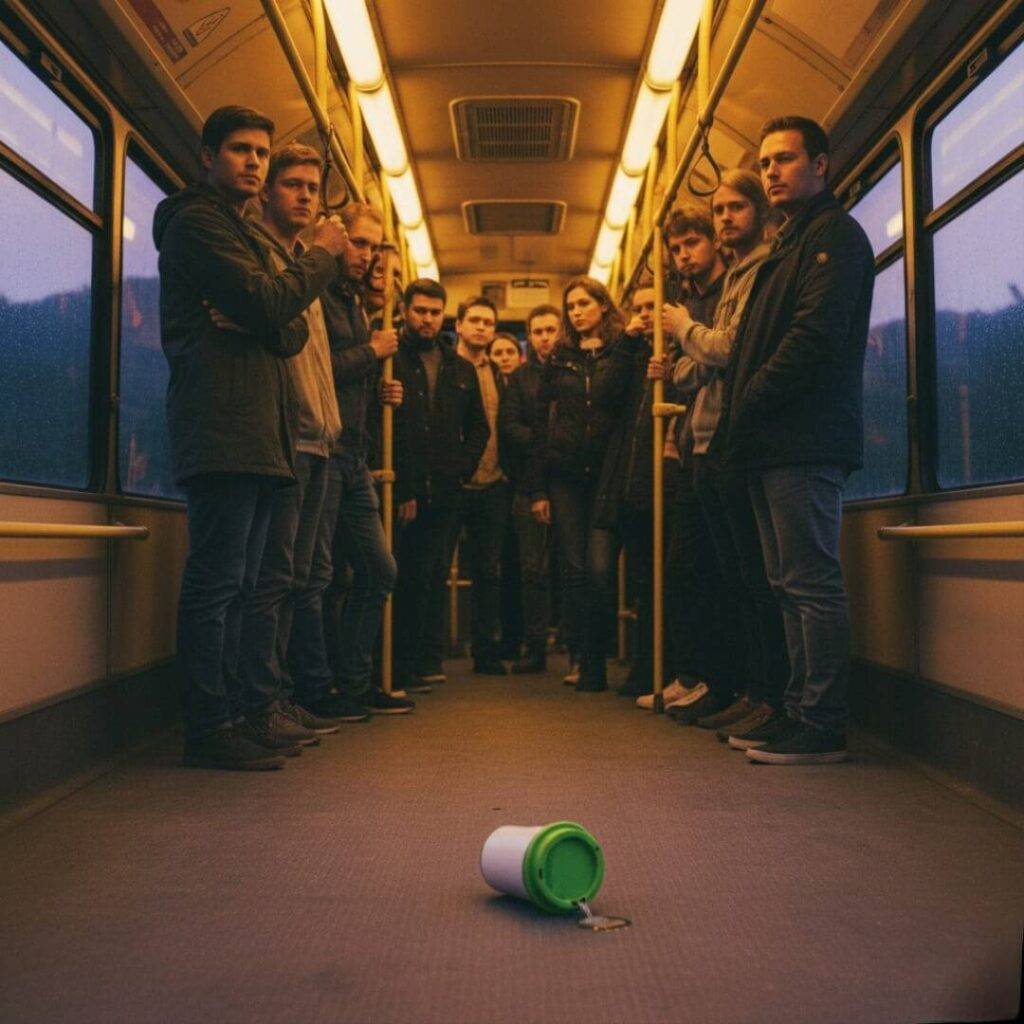 City bus at dusk, green hills, reusable cup rolling.