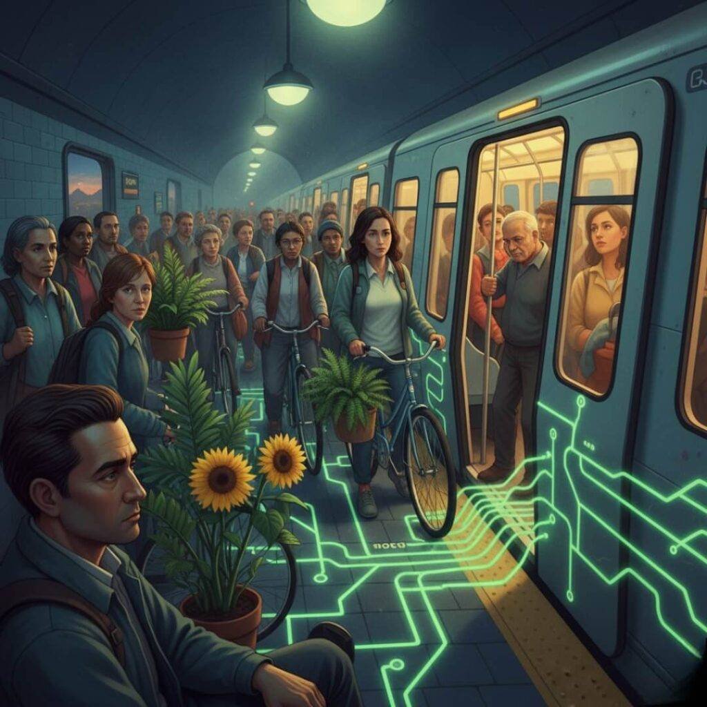 Diverse crowd with bikes and plants boards green subway.