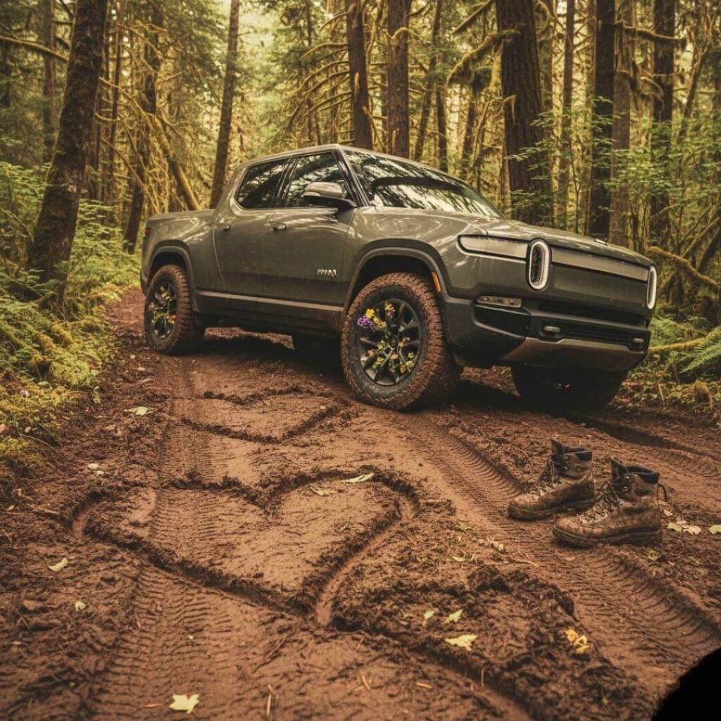 Rivian truck, muddy forest, wildflowers, boots.