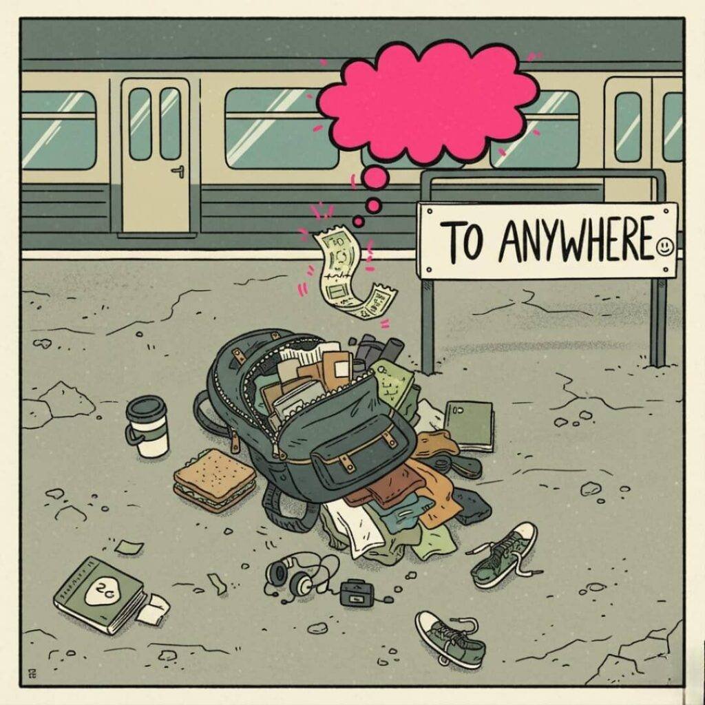 Messy backpack on train platform, hand-drawn digital art.