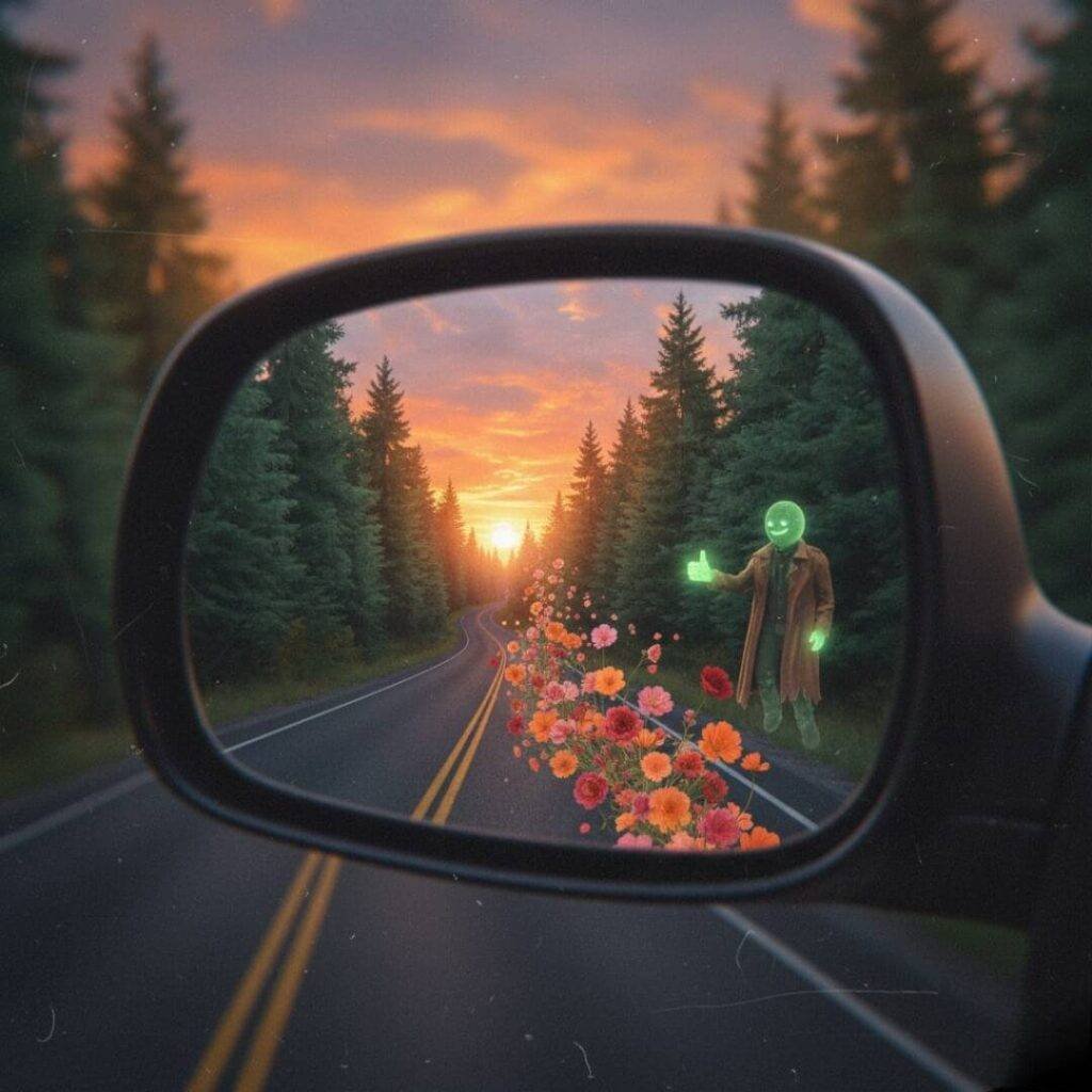 Flowers from exhaust, eco-ghost in mirror.