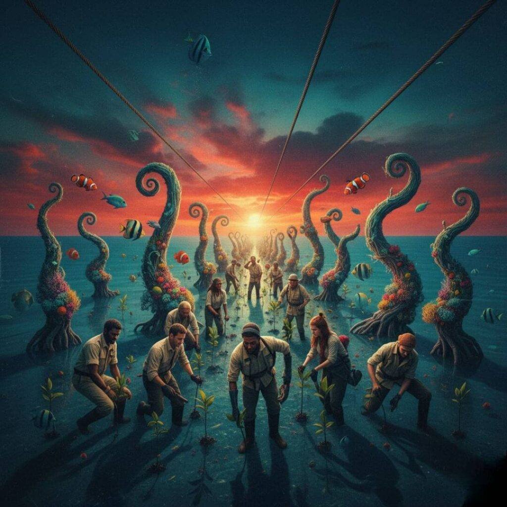 Tourists planting trees in surreal reef-like forest.