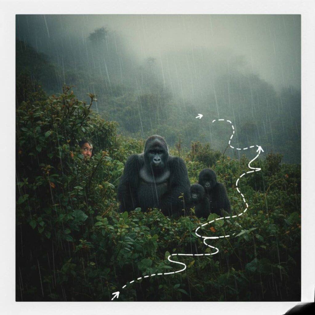 Gorilla family in rain, man peeking from bushes.