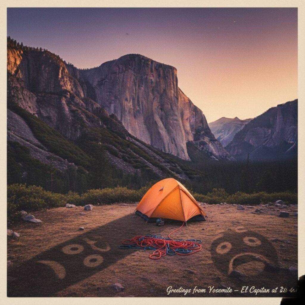 El Capitan at dusk, vintage postcard style.