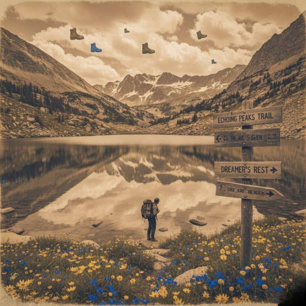 Bittersweet vintage alpine lake, upside-down hiker, boot clouds.